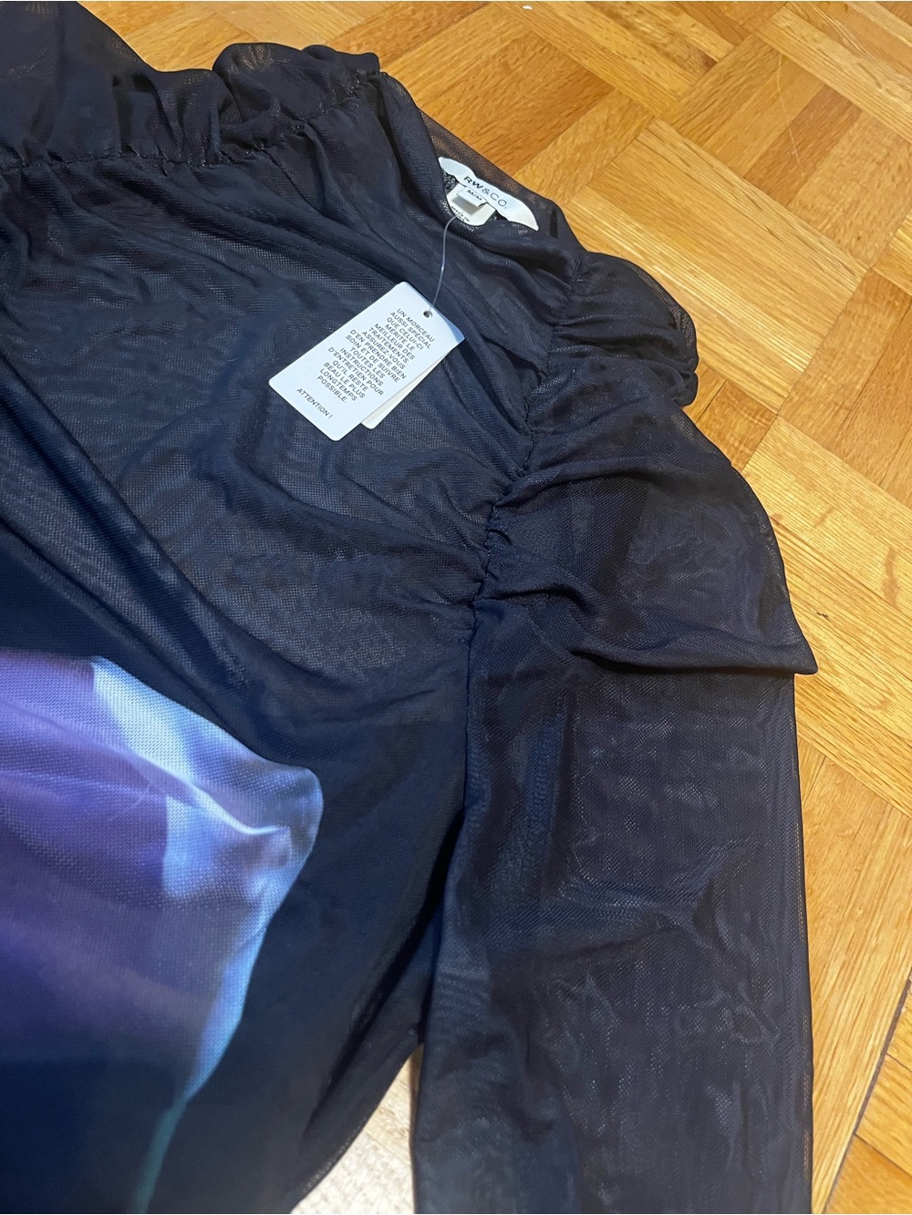 NWT- RW&CO. Black Sheer high neck Top w Purple Floral Print and shirred details